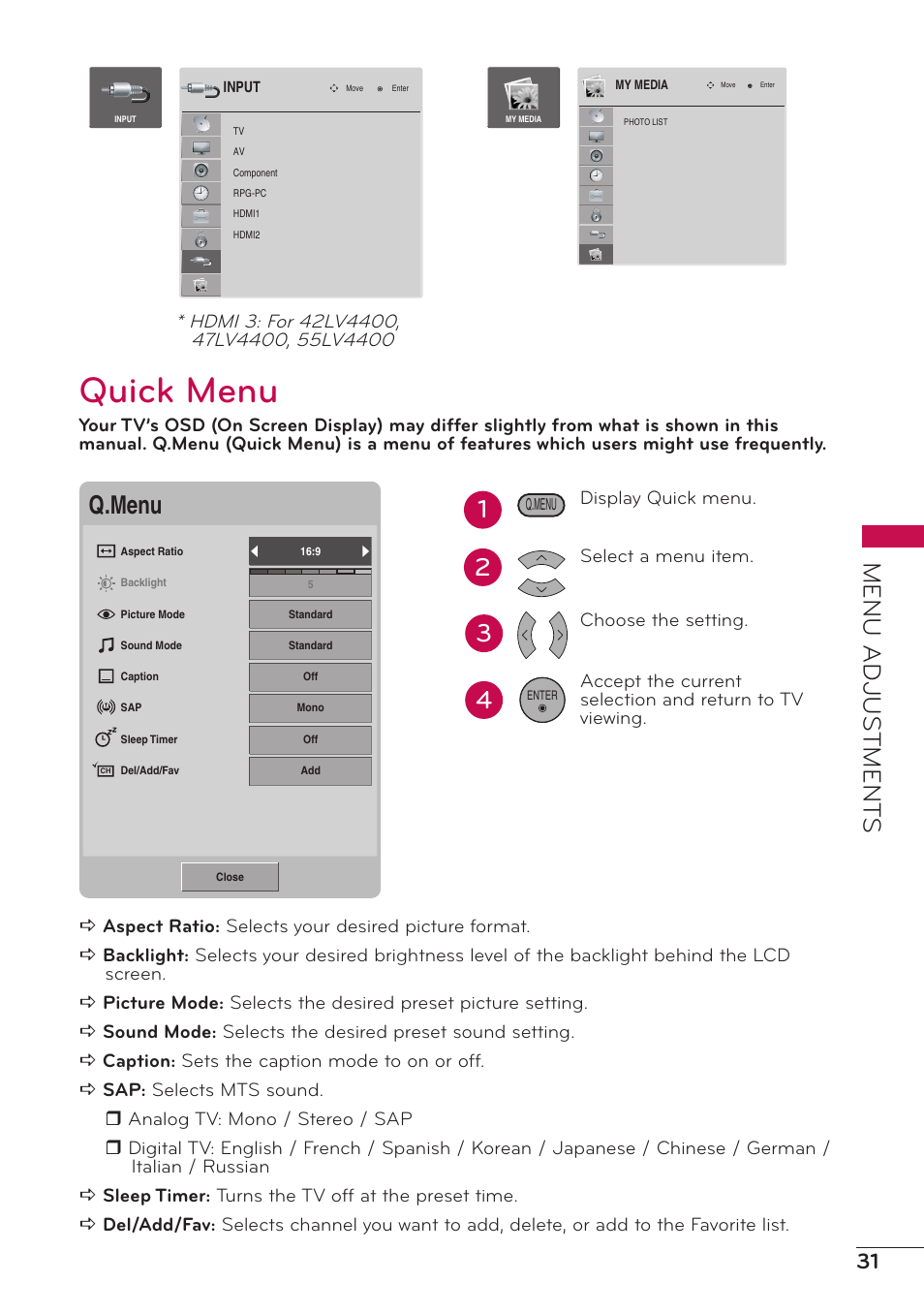 Quick menu, Menu adjus tment s, Q.menu | LG 32LV2400 User Manual | Page 32 / 64