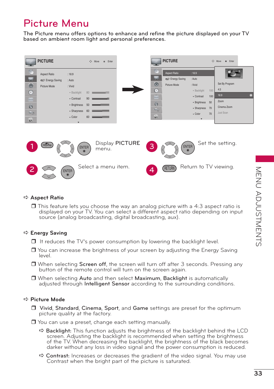 Picture menu, Menu adjus tment s, Set the setting. return to tv viewing | Display picture menu. select a menu item | LG 32LV2400 User Manual | Page 34 / 64