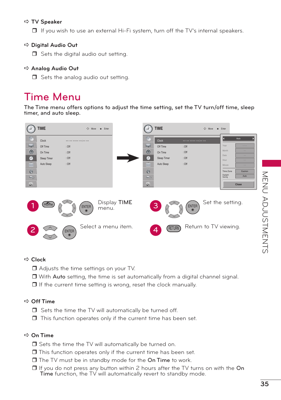 Time menu, Menu adjus tment s, Display time menu. select a menu item | Set the setting. return to tv viewing | LG 32LV2400 User Manual | Page 36 / 64