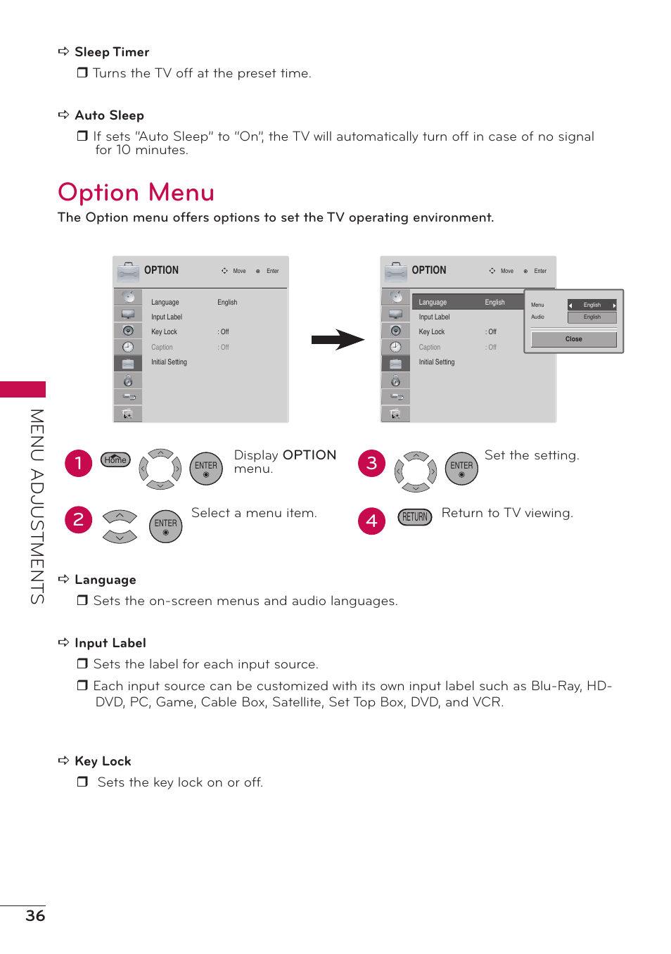 Option menu, Menu adjus tment s | LG 32LV2400 User Manual | Page 37 / 64