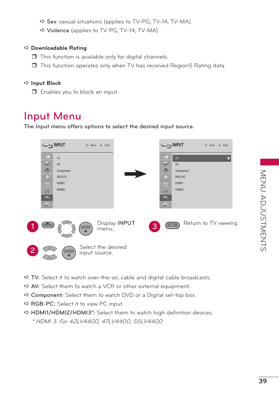 Input menu, Menu adjus tment s | LG 32LV2400 User Manual | Page 40 / 64