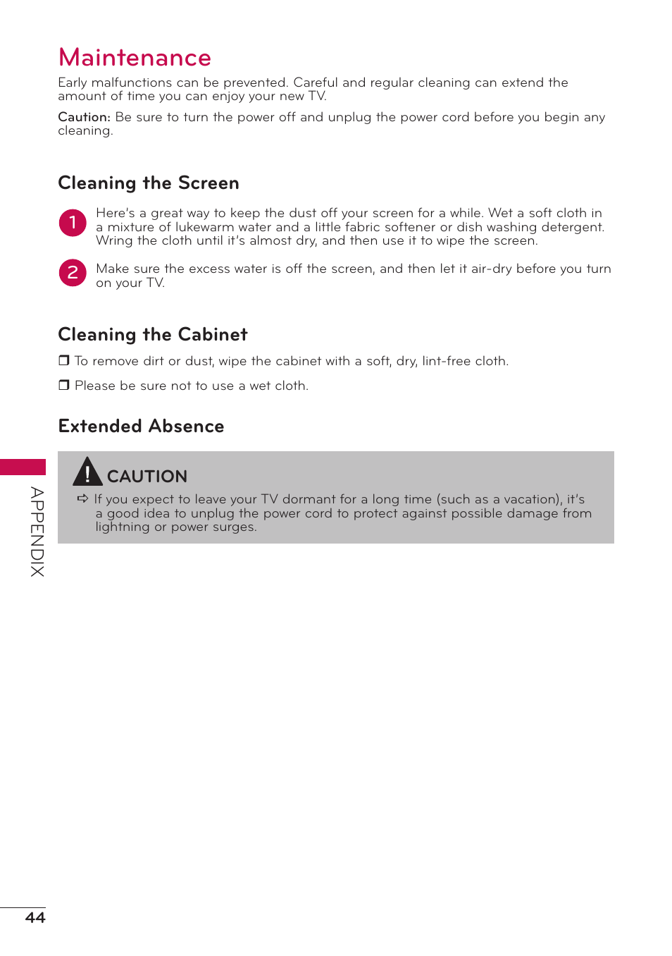 Maintenance, Cleaning the screen, Cleaning the cabinet | Extended absence | LG 32LV2400 User Manual | Page 45 / 64