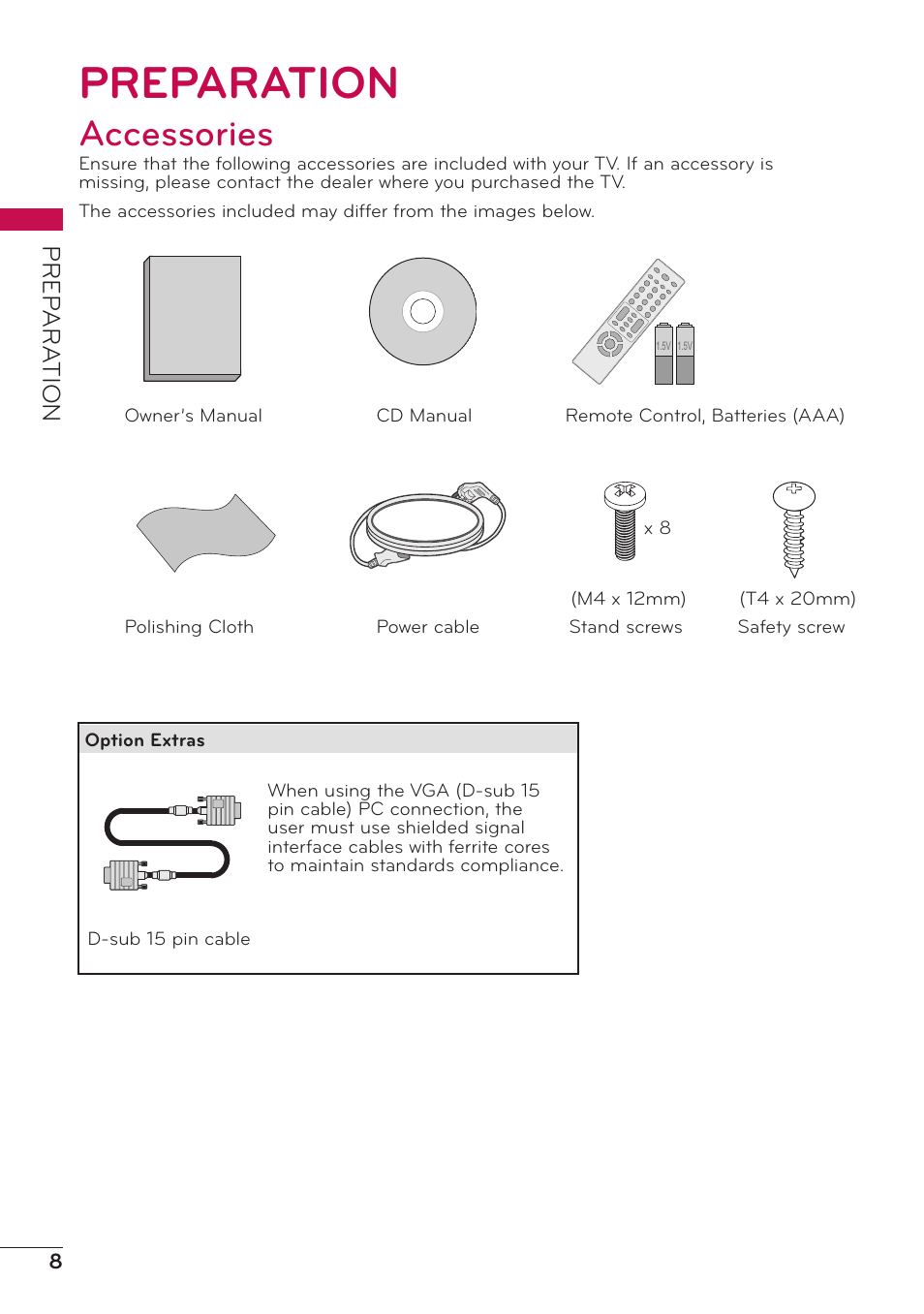 Preparation, Accessories, Prep ar a tion | LG 32LV2400 User Manual | Page 8 / 64