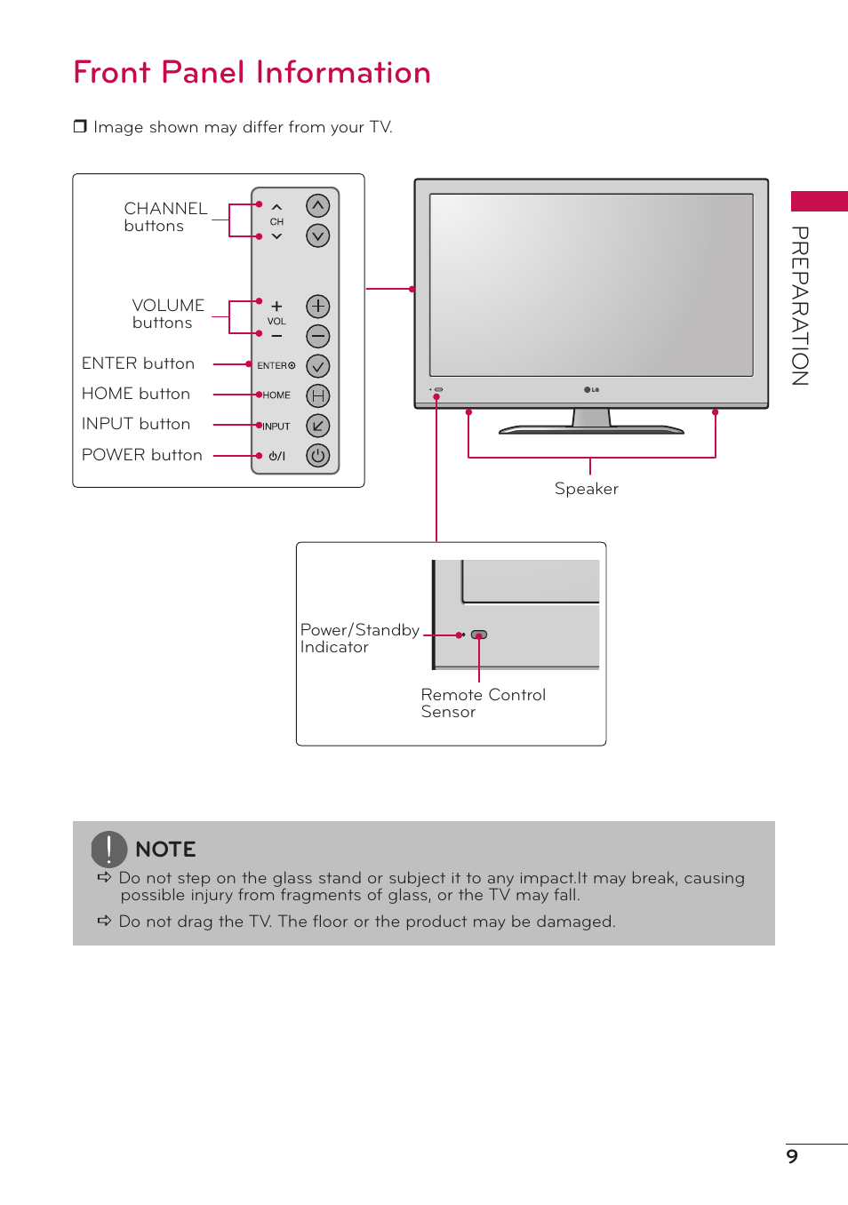 Front panel information, Prep ar a tion | LG 32LV2400 User Manual | Page 9 / 64