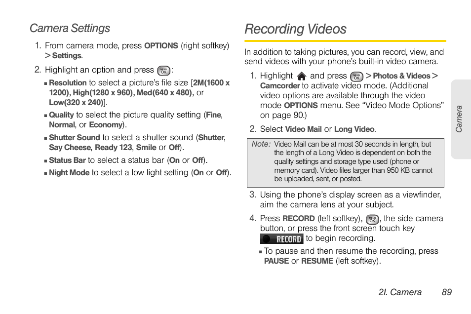 Camera settings, Recording videos | LG LGLX610 User Manual | Page 101 / 164