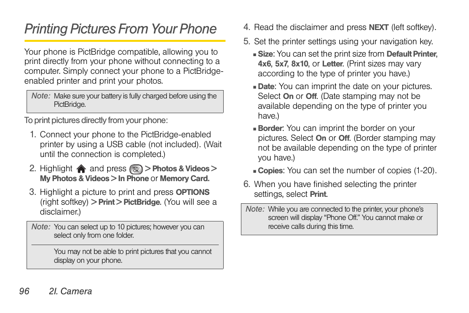 Printing pictures from your phone | LG LGLX610 User Manual | Page 108 / 164