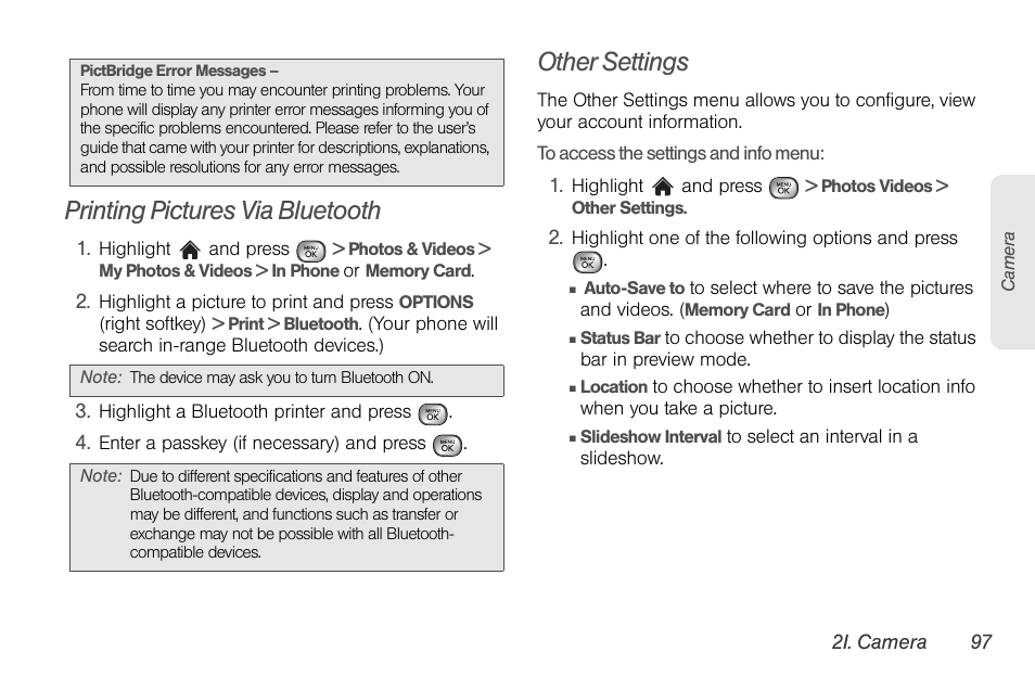 Printing pictures via bluetooth, Other settings | LG LGLX610 User Manual | Page 109 / 164