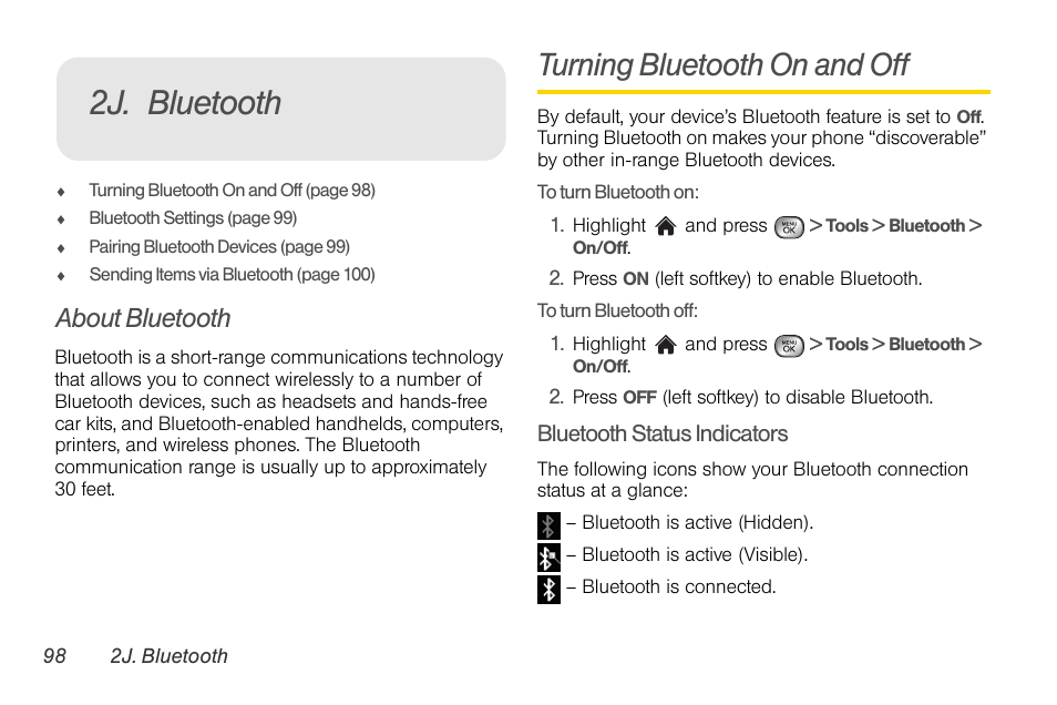 2j. bluetooth, About bluetooth, Turning bluetooth on and off | LG LGLX610 User Manual | Page 110 / 164