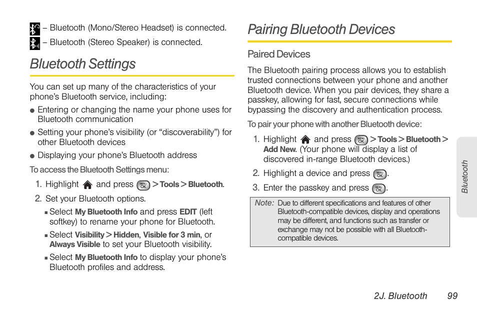 Bluetooth settings, Pairing bluetooth devices | LG LGLX610 User Manual | Page 111 / 164