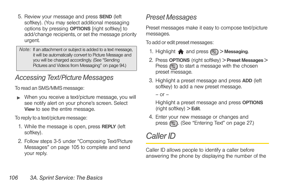 Accessing text/picture messages, Preset messages, Caller id | LG LGLX610 User Manual | Page 118 / 164