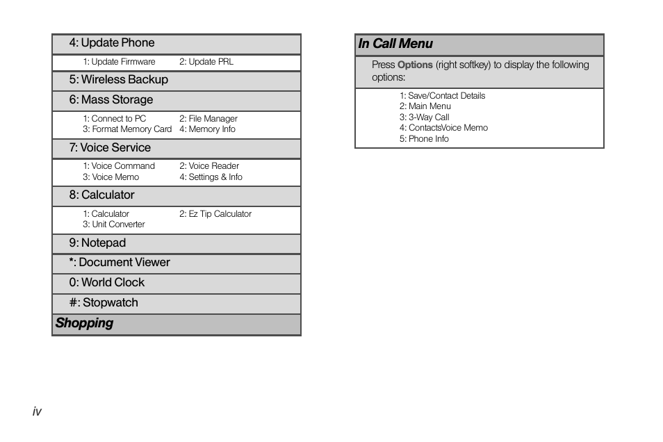 Shopping in call menu | LG LGLX610 User Manual | Page 12 / 164