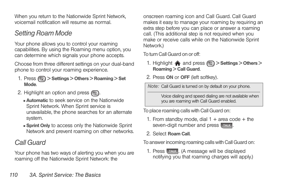 Setting roam mode, Call guard | LG LGLX610 User Manual | Page 122 / 164