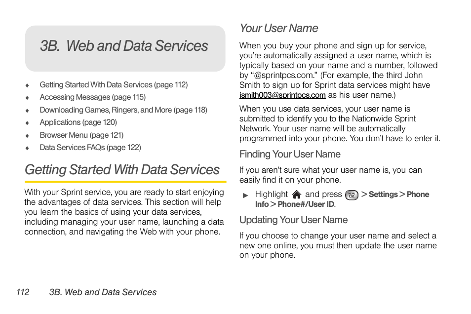 3b. web and data services, Getting started with data services, Your user name | LG LGLX610 User Manual | Page 124 / 164