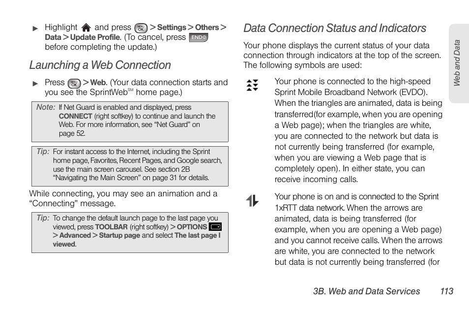 Launching a web connection, Data connection status and indicators | LG LGLX610 User Manual | Page 125 / 164