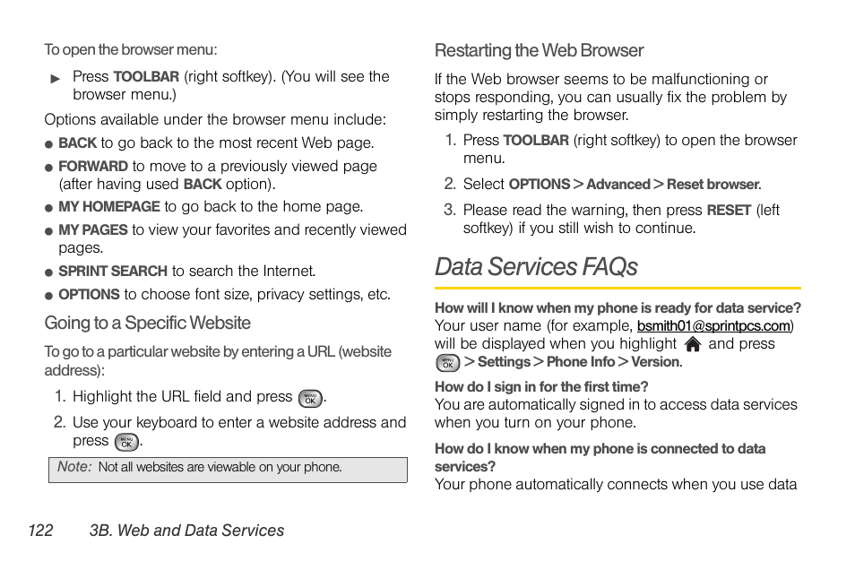 Data services faqs, Going to a specific website, Restarting the web browser | LG LGLX610 User Manual | Page 134 / 164