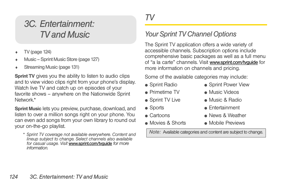 3c. entertainment: tv and music, Your sprint tv channel options | LG LGLX610 User Manual | Page 136 / 164