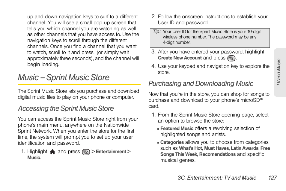 Music – sprint music store, Accessing the sprint music store, Purchasing and downloading music | LG LGLX610 User Manual | Page 139 / 164