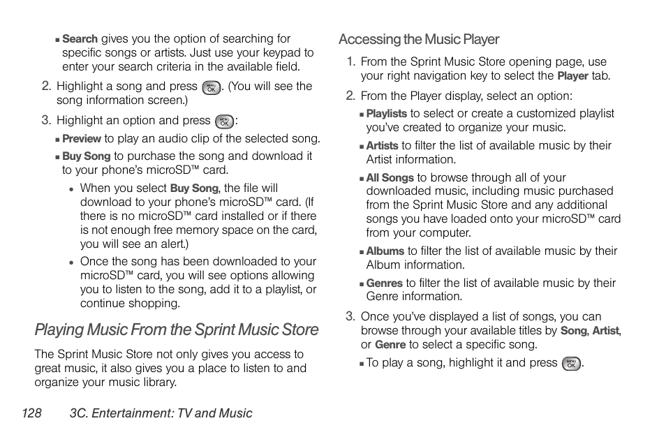 Playing music from the sprint music store, Accessing the music player | LG LGLX610 User Manual | Page 140 / 164