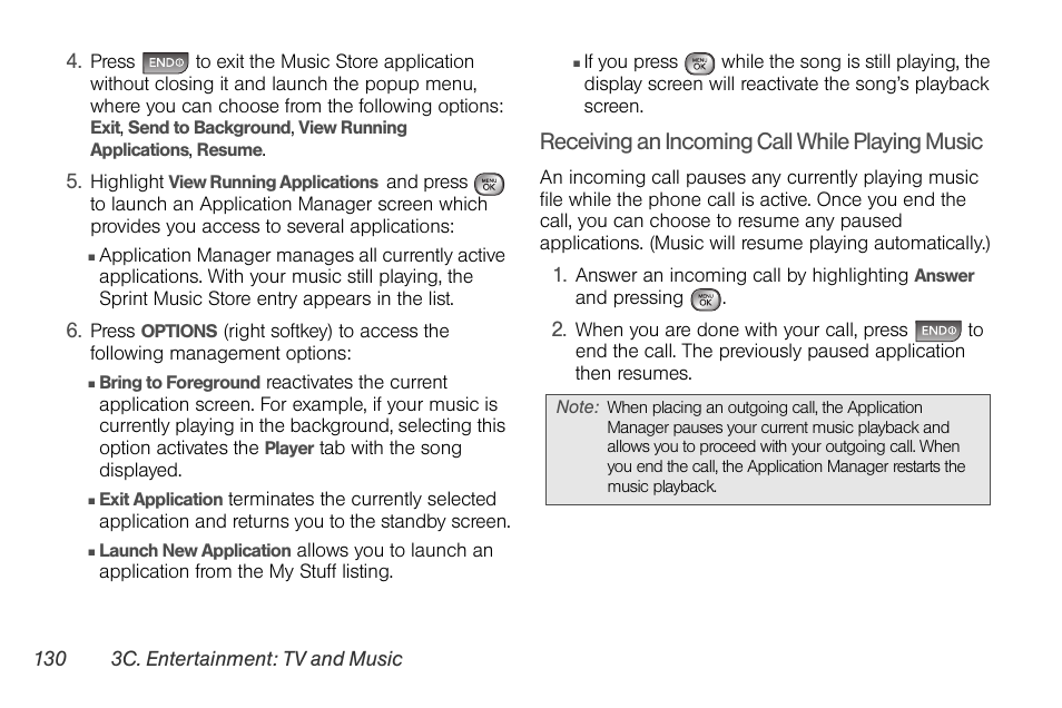 Receiving an incoming call while playing music | LG LGLX610 User Manual | Page 142 / 164