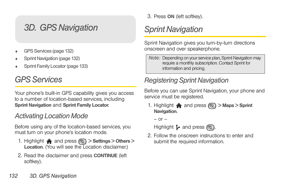 3d. gps navigation, Gps services, Activating location mode | Sprint navigation, Registering sprint navigation | LG LGLX610 User Manual | Page 144 / 164