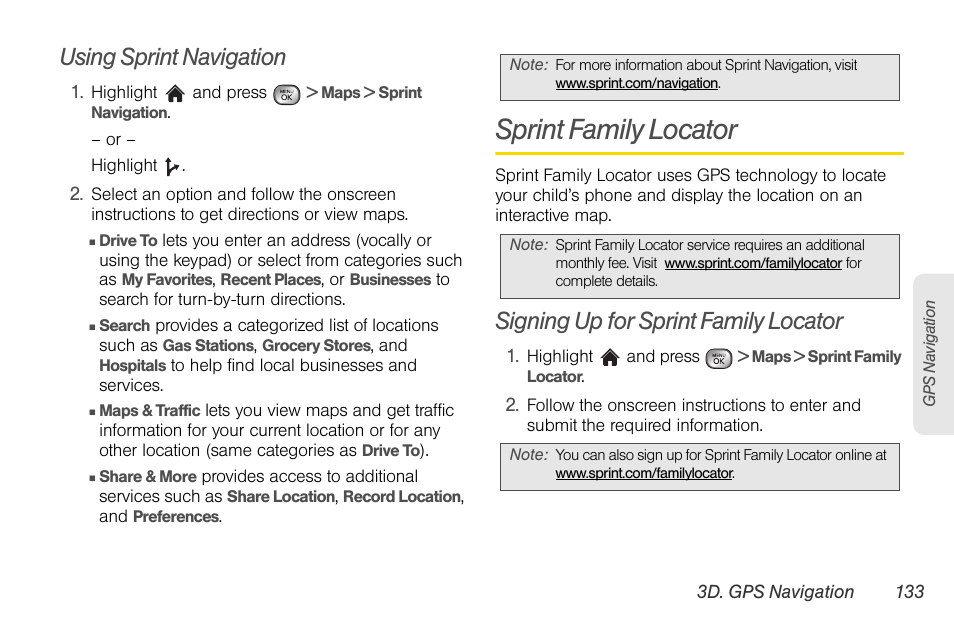 Using sprint navigation, Sprint family locator, Signing up for sprint family locator | LG LGLX610 User Manual | Page 145 / 164