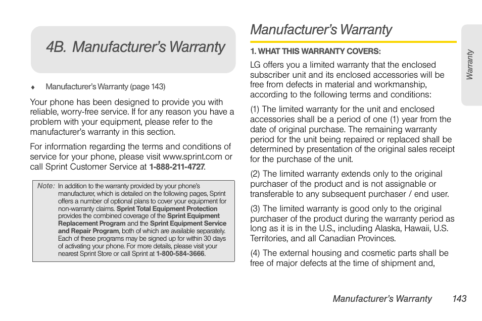 4b. manufacturer’s warranty, Manufacturer’s warranty | LG LGLX610 User Manual | Page 156 / 164