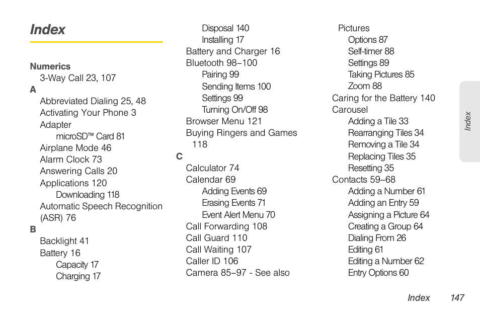 Index | LG LGLX610 User Manual | Page 159 / 164