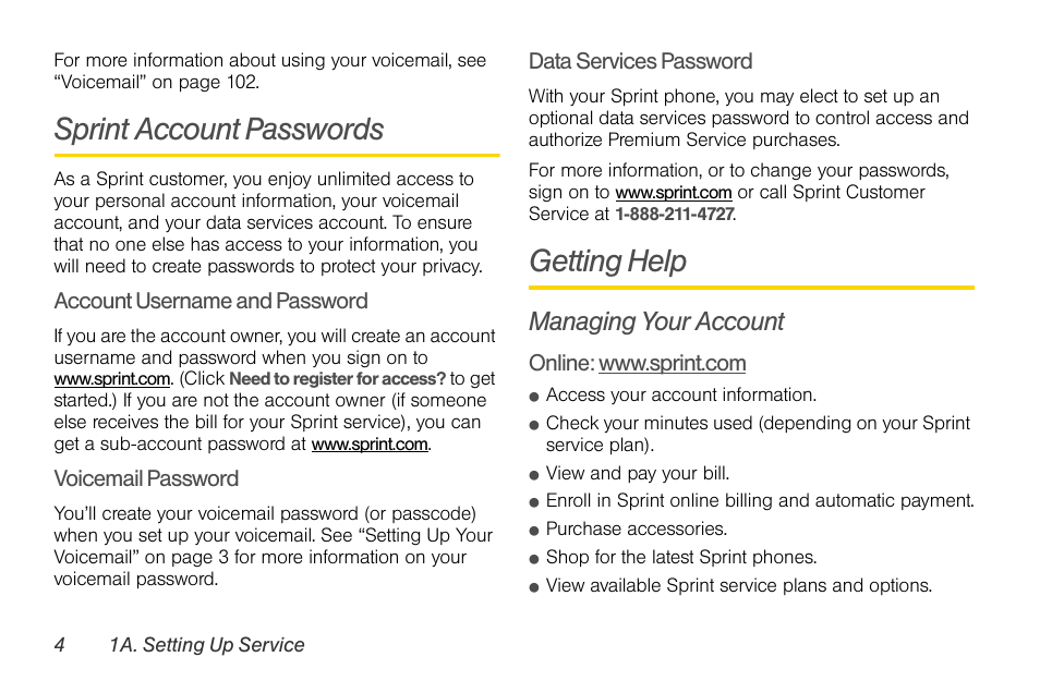 Sprint account passwords, Getting help, Managing your account | LG LGLX610 User Manual | Page 16 / 164