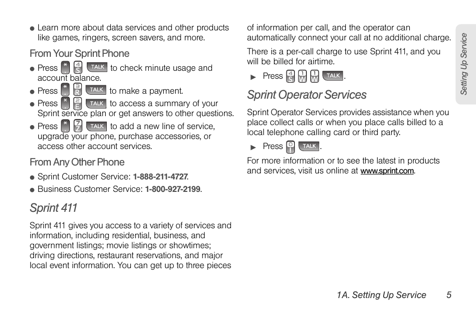 Sprint 411, Sprint operator services | LG LGLX610 User Manual | Page 17 / 164