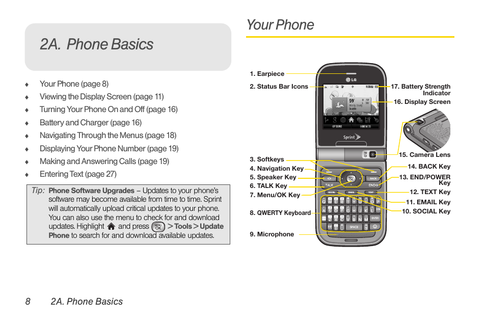 2a. phone basics, Your phone, 82a. phone basics | LG LGLX610 User Manual | Page 20 / 164