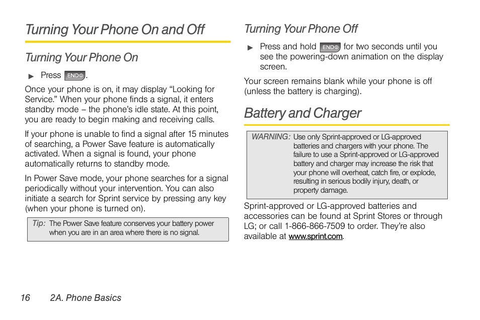 Turning your phone on and off, Turning your phone on, Turning your phone off | Battery and charger | LG LGLX610 User Manual | Page 28 / 164