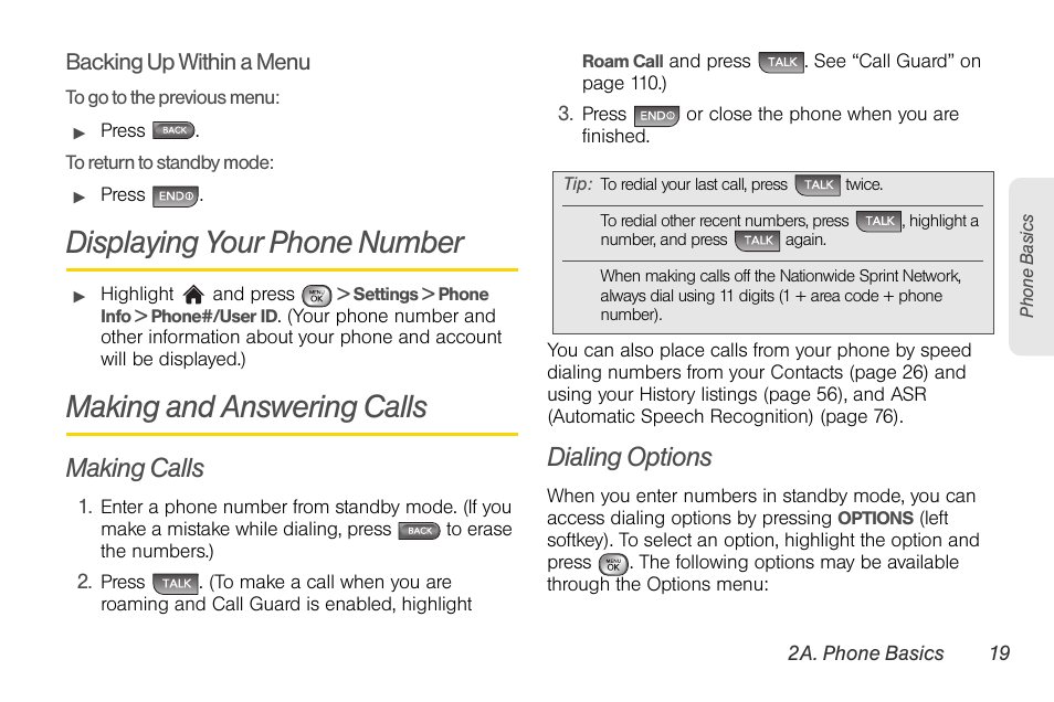 Displaying your phone number, Making and answering calls, Making calls | Dialing options | LG LGLX610 User Manual | Page 31 / 164