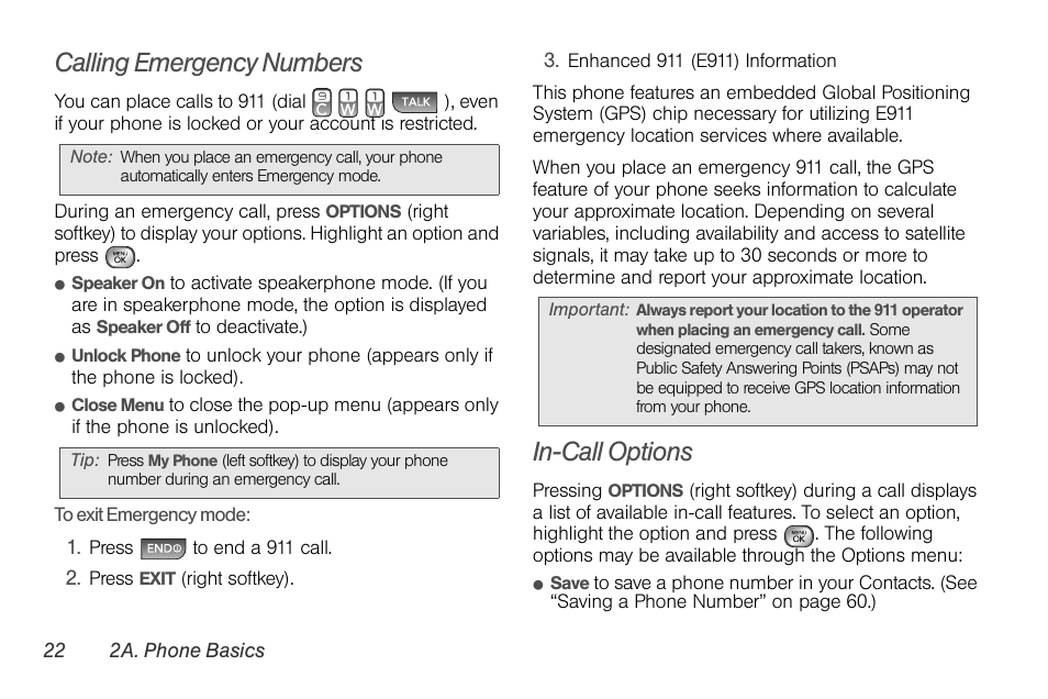 Calling emergency numbers, In-call options | LG LGLX610 User Manual | Page 34 / 164