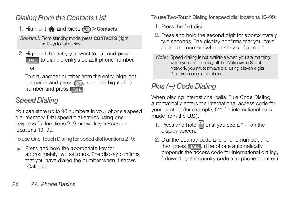 Dialing from the contacts list, Speed dialing, Plus (+) code dialing | LG LGLX610 User Manual | Page 38 / 164