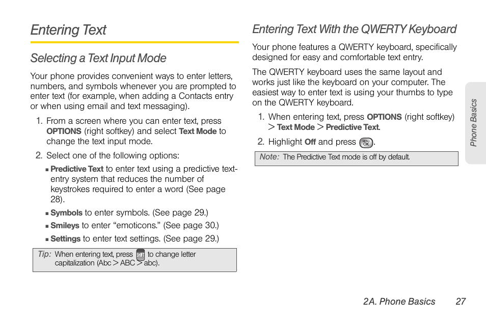 Entering text, Selecting a text input mode, Entering text with the qwerty keyboard | LG LGLX610 User Manual | Page 39 / 164