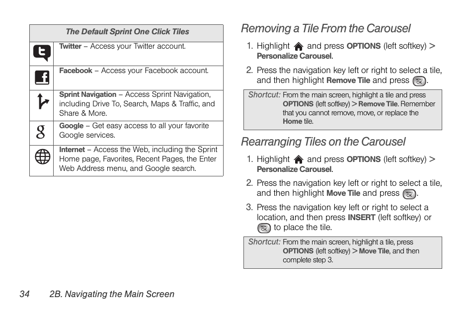 Removing a tile from the carousel, Rearranging tiles on the carousel | LG LGLX610 User Manual | Page 46 / 164