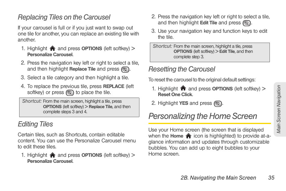 Replacing tiles on the carousel, Editing tiles, Resetting the carousel | Personalizing the home screen | LG LGLX610 User Manual | Page 47 / 164