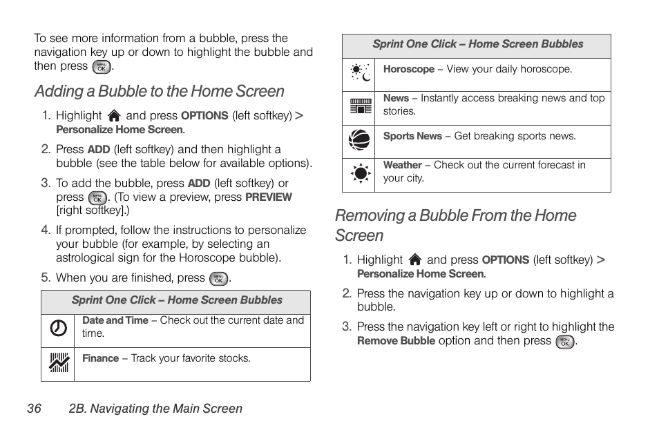 Adding a bubble to the home screen, Removing a bubble from the home screen | LG LGLX610 User Manual | Page 48 / 164