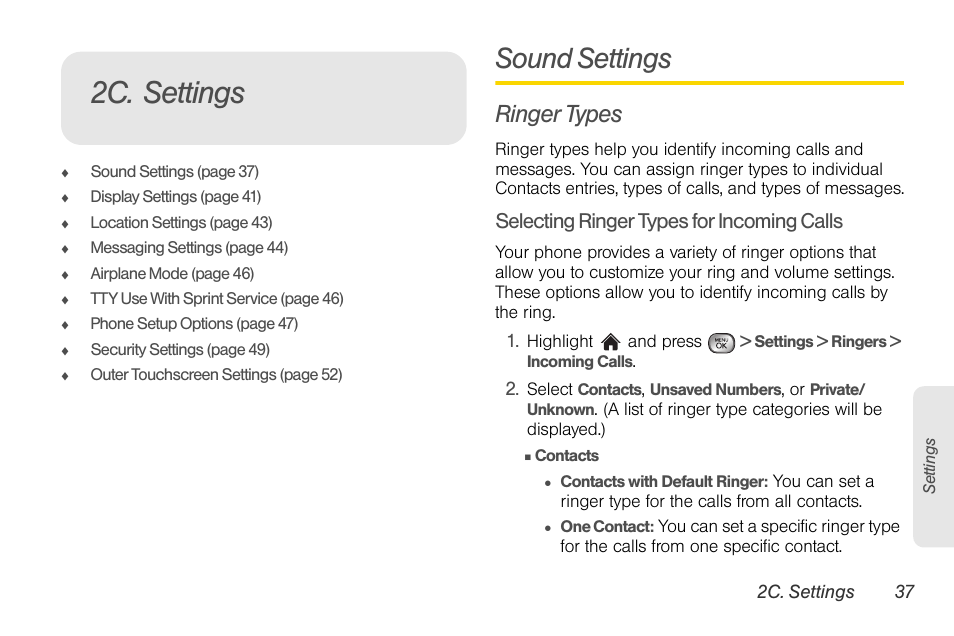 2c. settings, Sound settings, Ringer types | Selecting ringer types for incoming calls | LG LGLX610 User Manual | Page 49 / 164