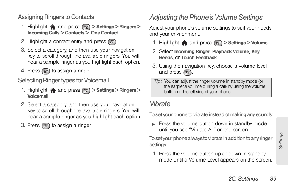 Adjusting the phone’s volume settings, Vibrate | LG LGLX610 User Manual | Page 51 / 164