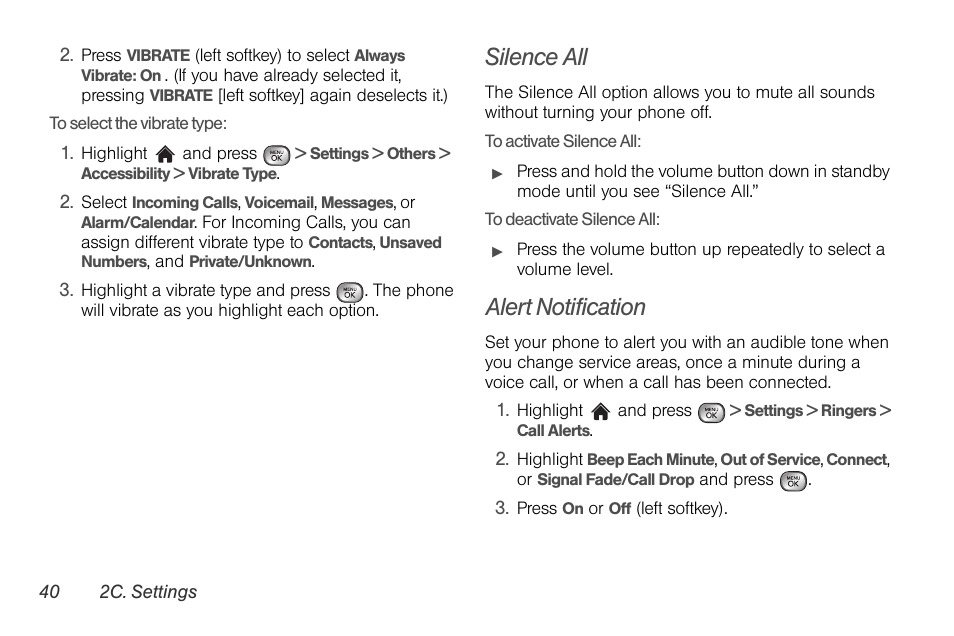 Silence all, Alert notification | LG LGLX610 User Manual | Page 52 / 164