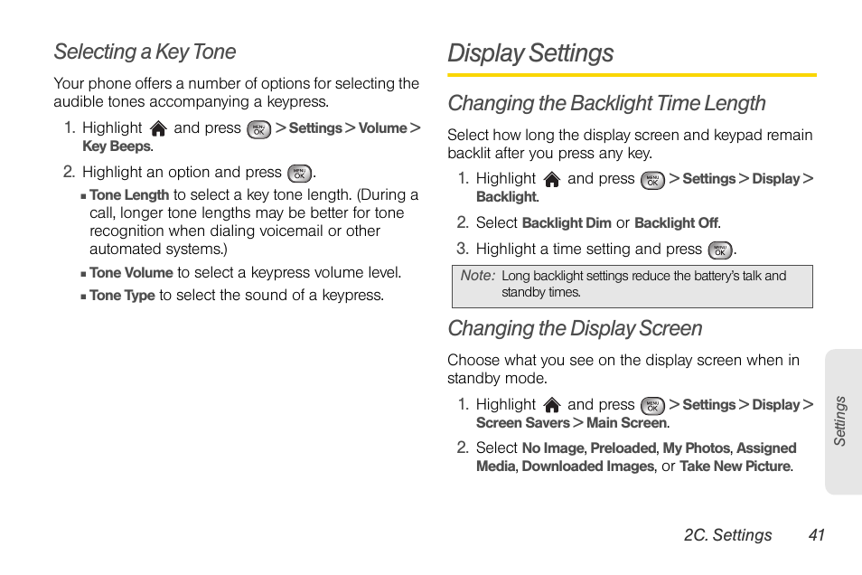 Selecting a key tone, Display settings, Changing the backlight time length | Changing the display screen | LG LGLX610 User Manual | Page 53 / 164