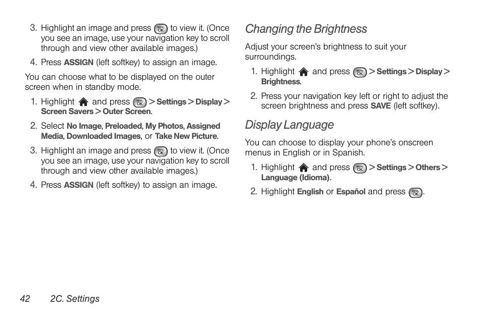 Changing the brightness, Display language | LG LGLX610 User Manual | Page 54 / 164