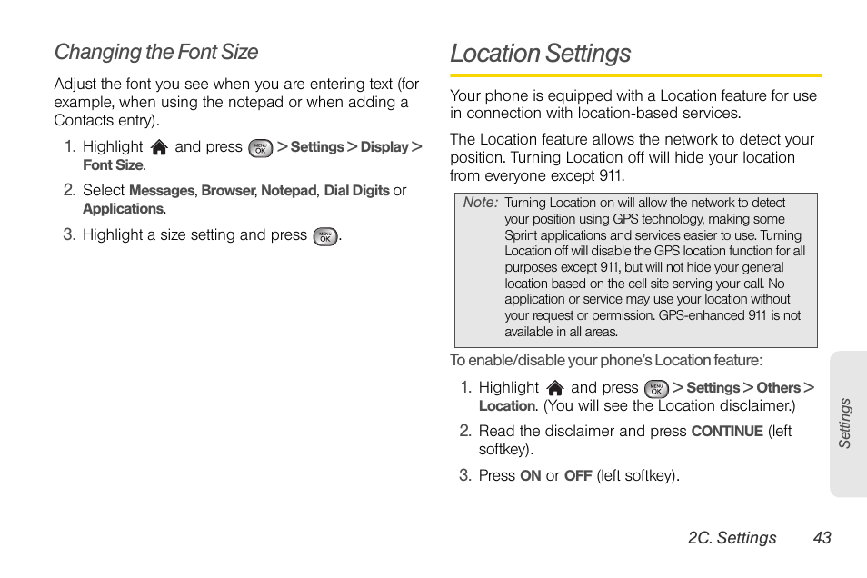 Changing the font size, Location settings | LG LGLX610 User Manual | Page 55 / 164