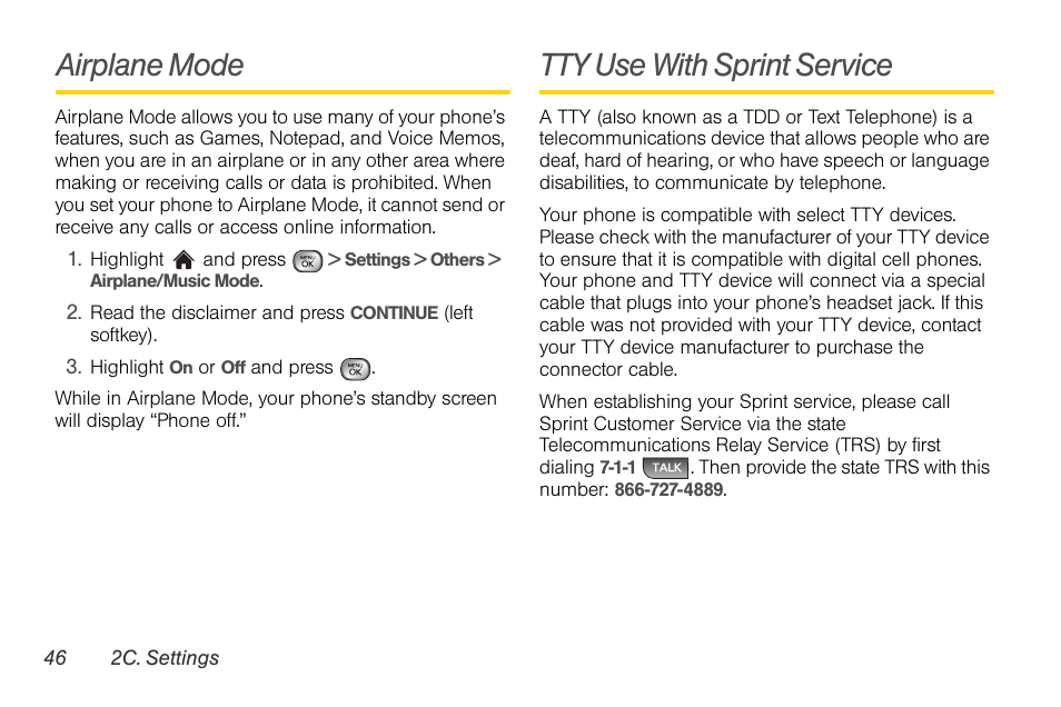 Airplane mode, Tty use with sprint service | LG LGLX610 User Manual | Page 58 / 164