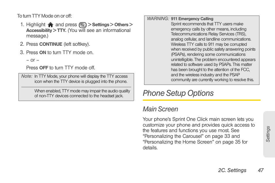 Phone setup options, Main screen | LG LGLX610 User Manual | Page 59 / 164