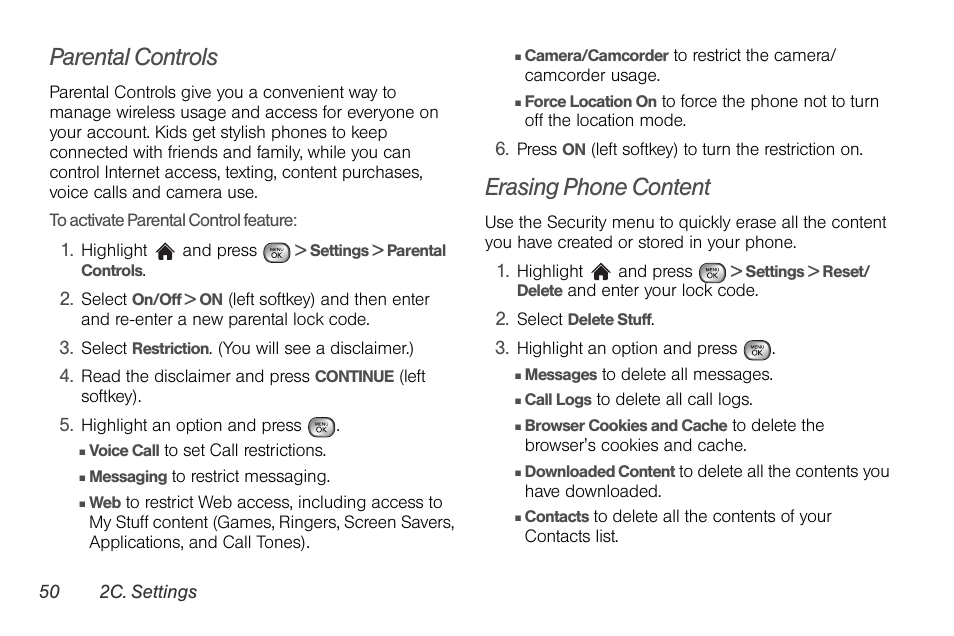 Parental controls, Erasing phone content | LG LGLX610 User Manual | Page 62 / 164