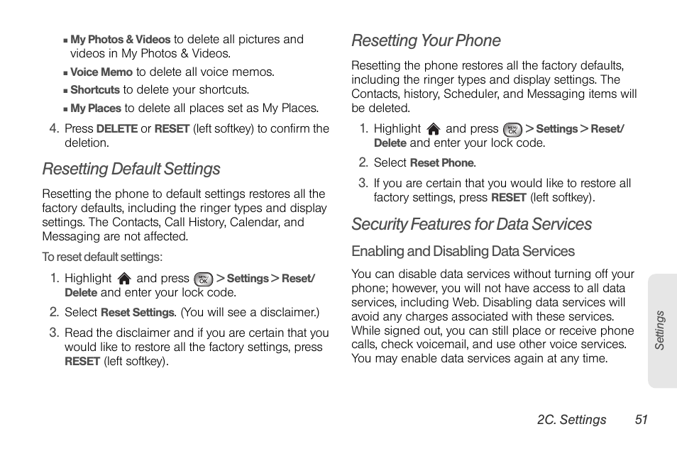 Resetting default settings, Resetting your phone, Security features for data services | LG LGLX610 User Manual | Page 63 / 164