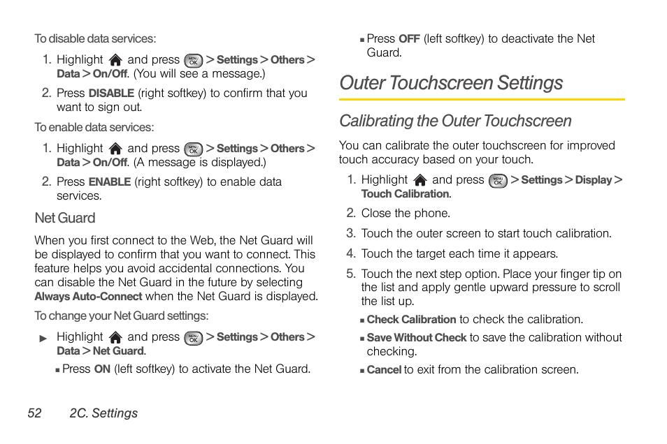 Outer touchscreen settings, Calibrating the outer touchscreen | LG LGLX610 User Manual | Page 64 / 164