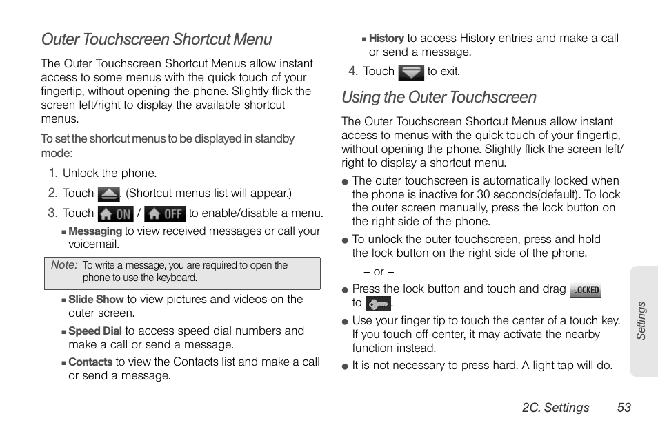 Outer touchscreen shortcut menu, Using the outer touchscreen | LG LGLX610 User Manual | Page 65 / 164